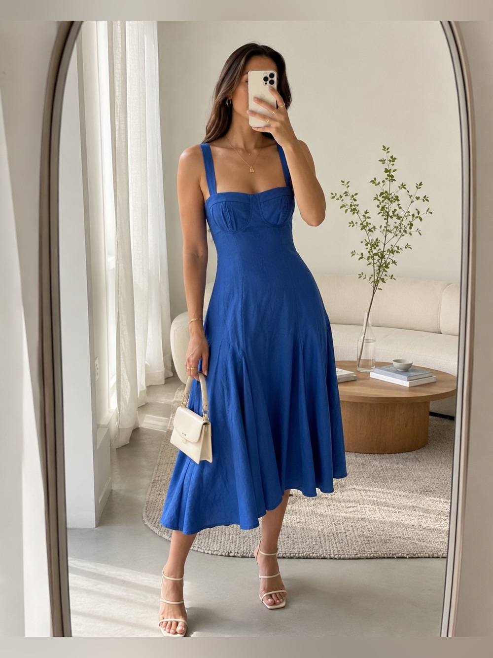 MISA Los Angeles Cherish Blue Linen Blend Bustier Midi Dress Fit Flare Size M NW